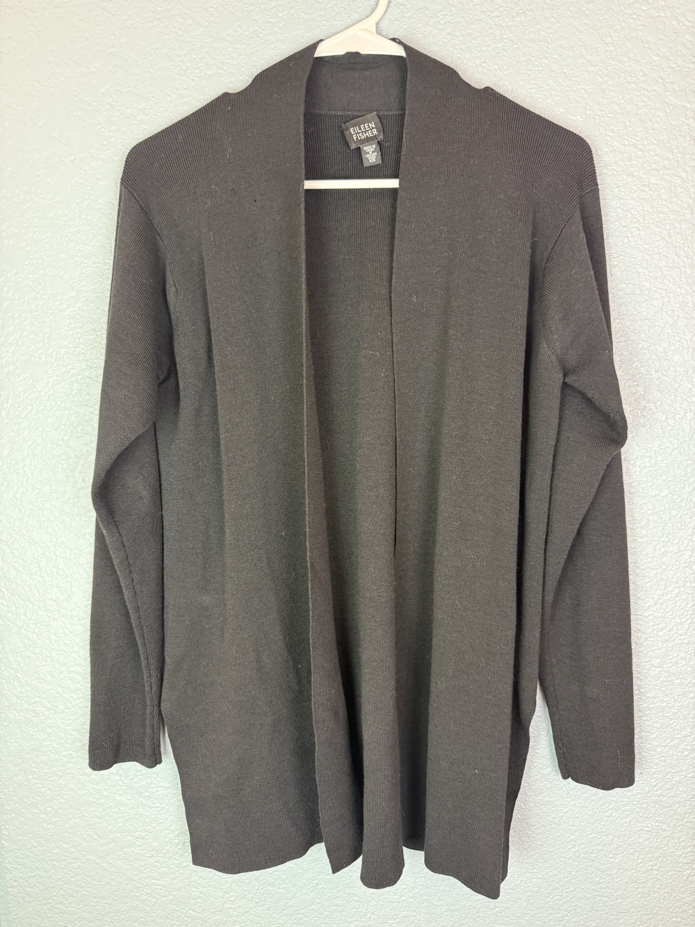 Eileen Fisher Sweater Womens XS Black Wool Open Front Long Cardigan Italian Yarn